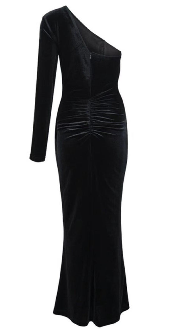 AIIZIE VELVET DIAMOND ONE SHOULDER SPLIT MAXI DRESS IN BLACK - product image