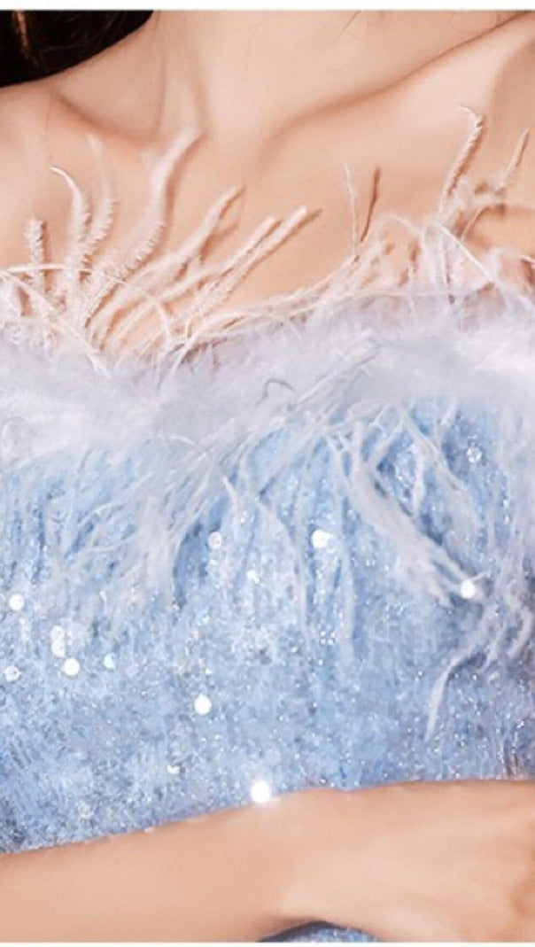 AIIZIE FEATHER SEQUIN BACK STRAP BODICE MAXI DRESS IN LIGHT BLUE - product image