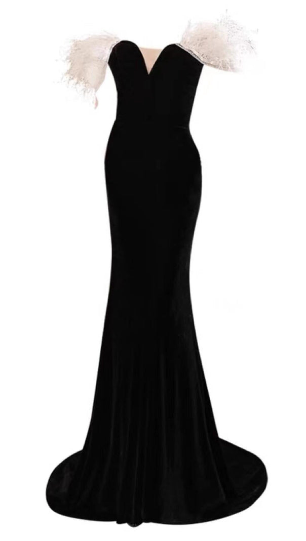 AIIZIE ELEGANT FEATHER OFF SHOULDER FISHTAIL MAXI DRESS IN BLACK - product image