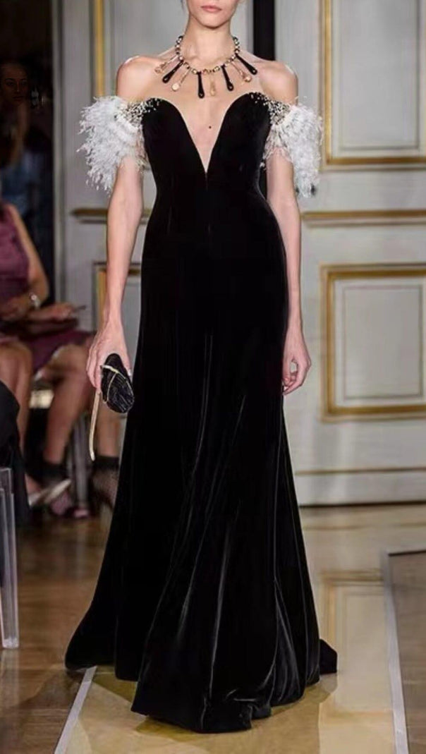 AIIZIE ELEGANT FEATHER OFF SHOULDER FISHTAIL MAXI DRESS IN BLACK - product image