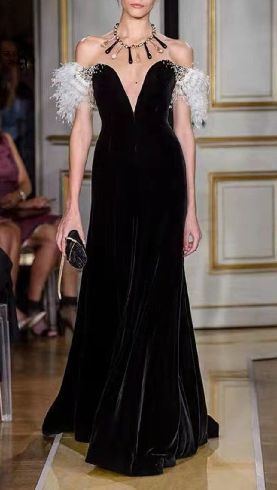 ELEGANT FEATHER OFF SHOULDER FISHTAIL MAXI DRESS IN BLACK