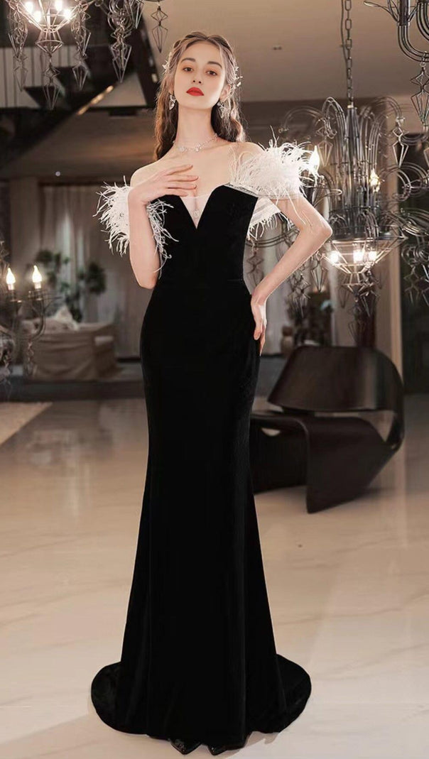 AIIZIE ELEGANT FEATHER OFF SHOULDER FISHTAIL MAXI DRESS IN BLACK - product image