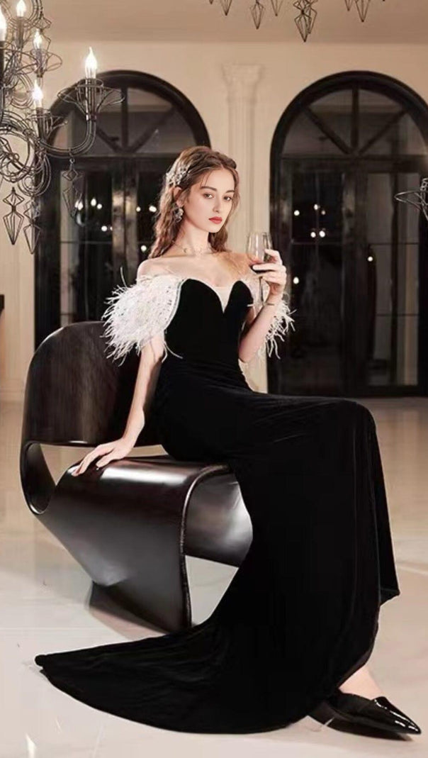 AIIZIE ELEGANT FEATHER OFF SHOULDER FISHTAIL MAXI DRESS IN BLACK - product image