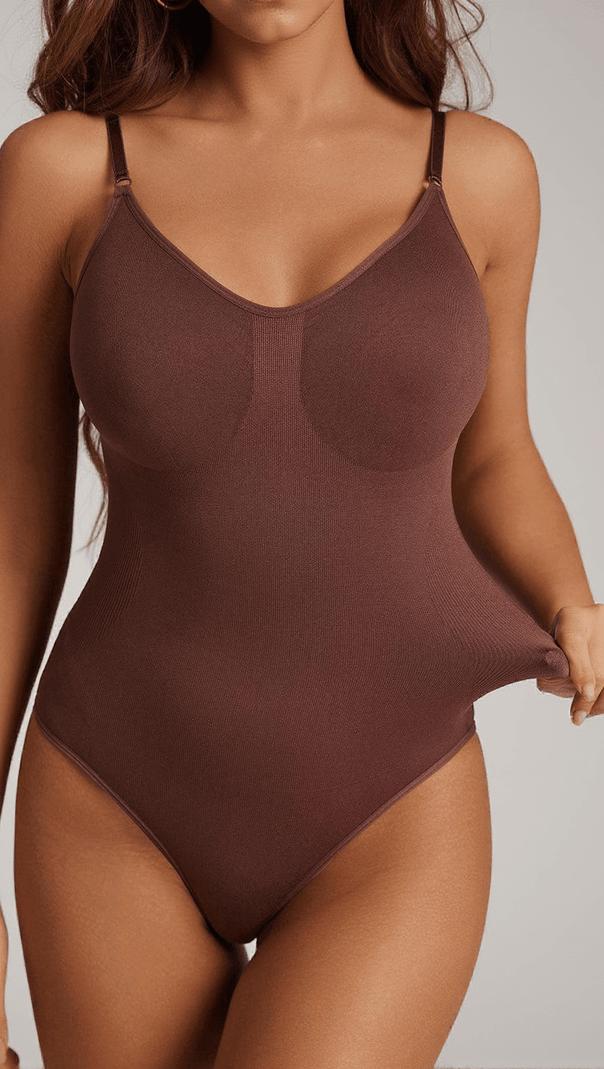 AIIZIE OBI SEAMLESS SCULPT PLUNGE THONG BODYSUIT IN COFFEE - product image