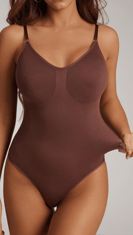 OBI SEAMLESS SCULPT PLUNGE THONG BODYSUIT IN COFFEE