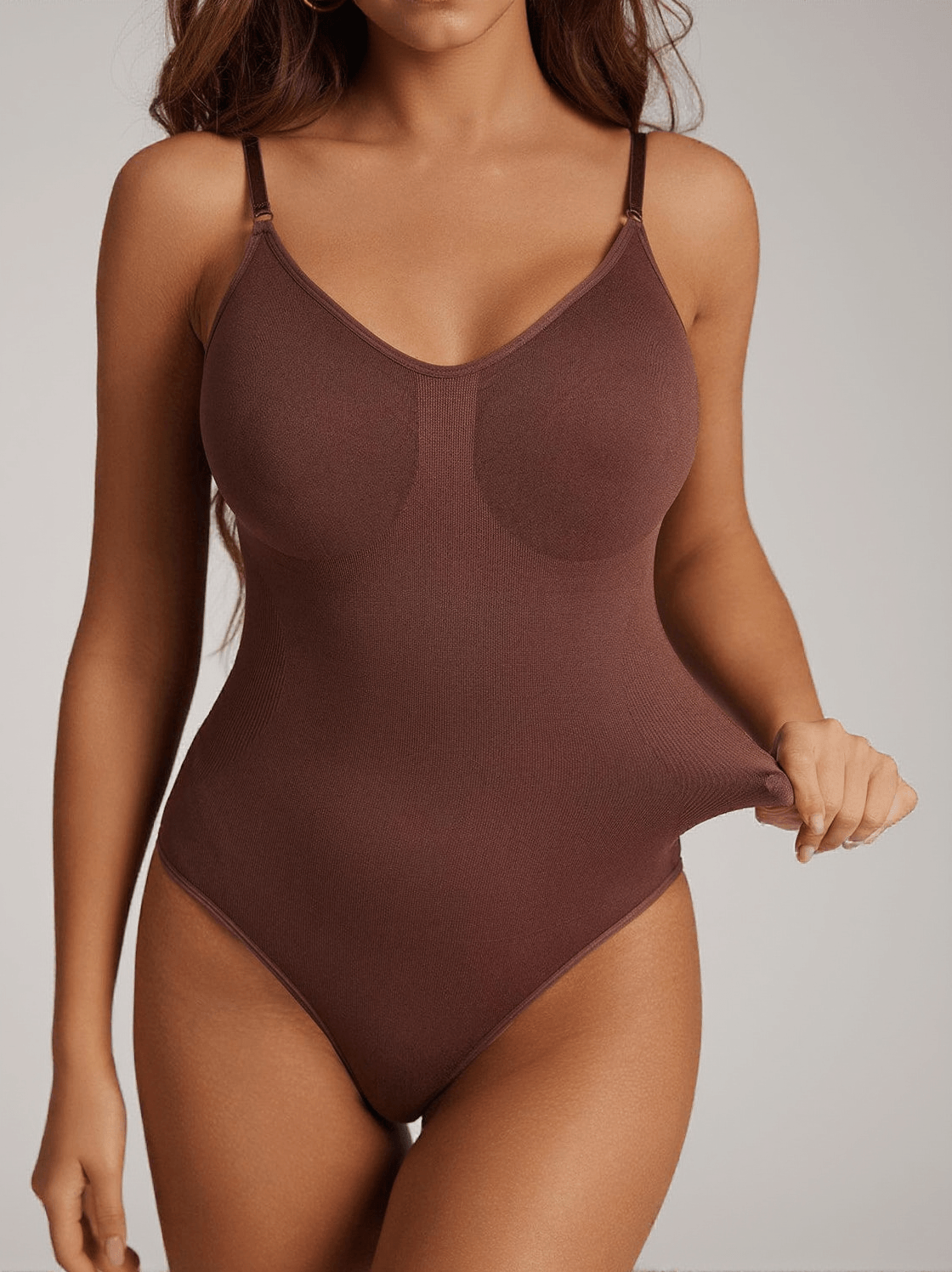 OBI SEAMLESS SCULPT PLUNGE THONG BODYSUIT IN COFFEE