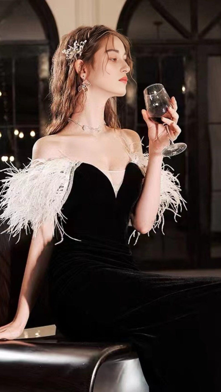 ELEGANT FEATHER OFF SHOULDER FISHTAIL MAXI DRESS IN BLACK