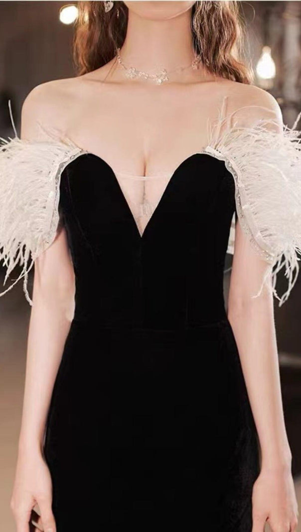 AIIZIE ELEGANT FEATHER OFF SHOULDER FISHTAIL MAXI DRESS IN BLACK - product image