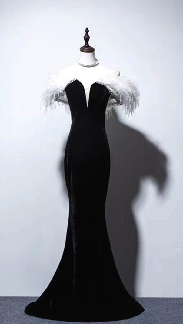 AIIZIE ELEGANT FEATHER OFF SHOULDER FISHTAIL MAXI DRESS IN BLACK - product image