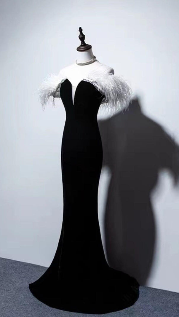 AIIZIE ELEGANT FEATHER OFF SHOULDER FISHTAIL MAXI DRESS IN BLACK - product image