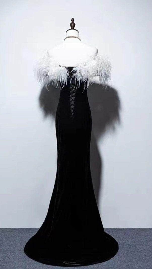 AIIZIE ELEGANT FEATHER OFF SHOULDER FISHTAIL MAXI DRESS IN BLACK - product image