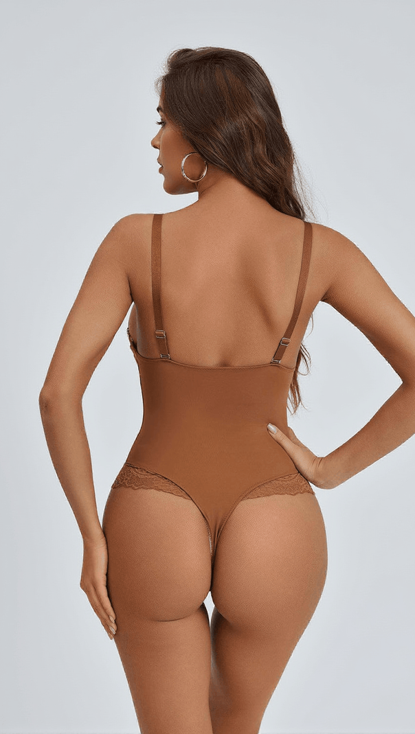 AIIZIE COBALT V NECK CORDED LACE BODYSUIT IN COFFEE - product image