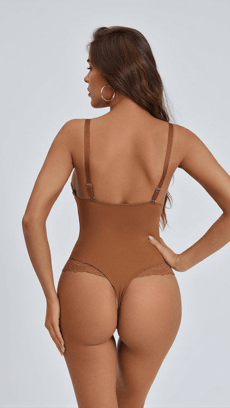 COBALT V NECK CORDED LACE BODYSUIT IN COFFEE