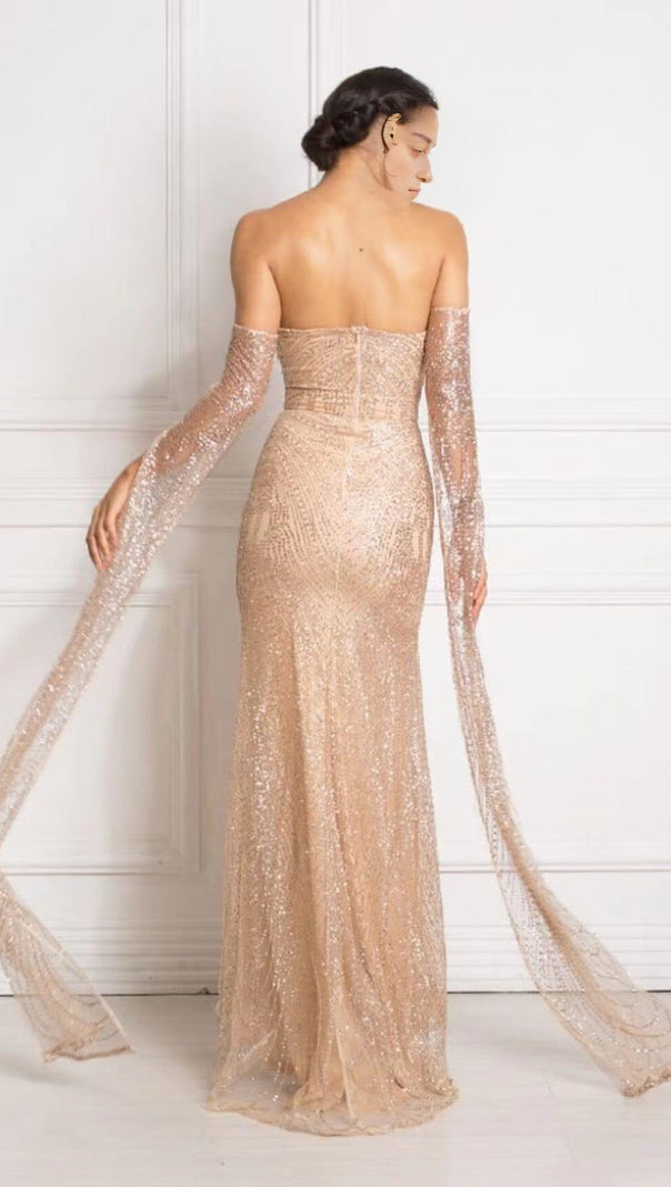 AIIZIE HIGH SPLIT GORGEOUS RHINESTONE DROP SLEEVE DRESS IN CHAMPAGNE - product image