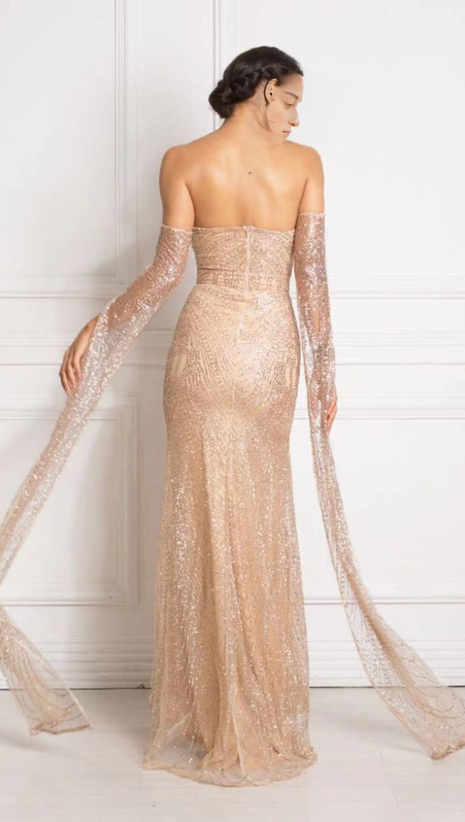 HIGH SPLIT GORGEOUS RHINESTONE DROP SLEEVE DRESS IN CHAMPAGNE