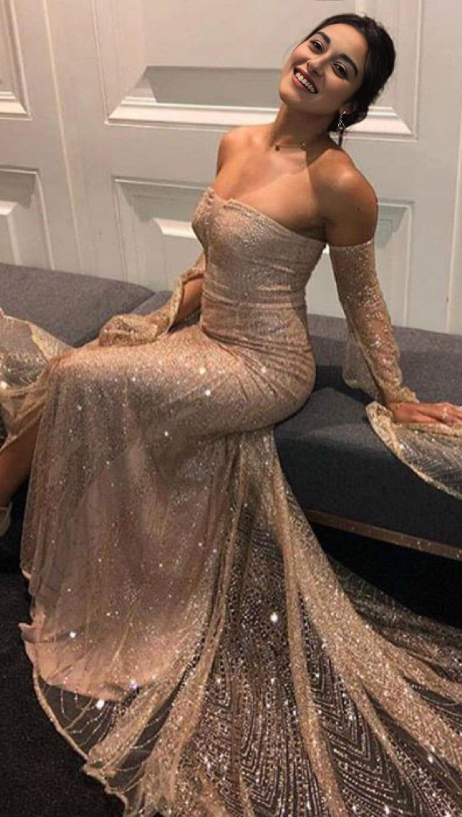 HIGH SPLIT GORGEOUS RHINESTONE DROP SLEEVE DRESS IN CHAMPAGNE