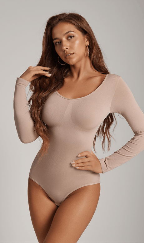 Shaun – Langärmliger, formender Bodysuit in Nude