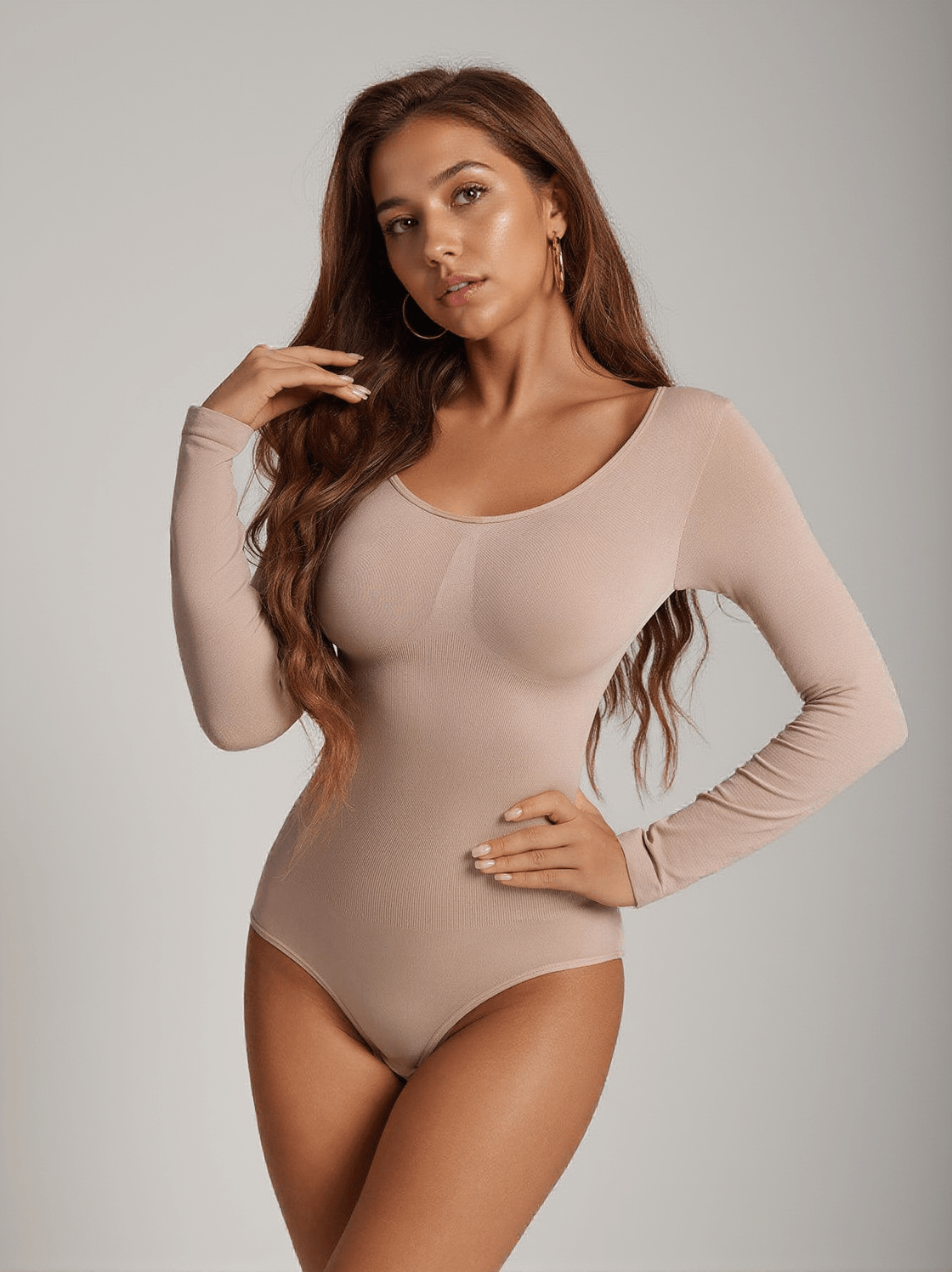 SHAUN LONG SLEEVE SCULPT BODYSUIT IN NUDE