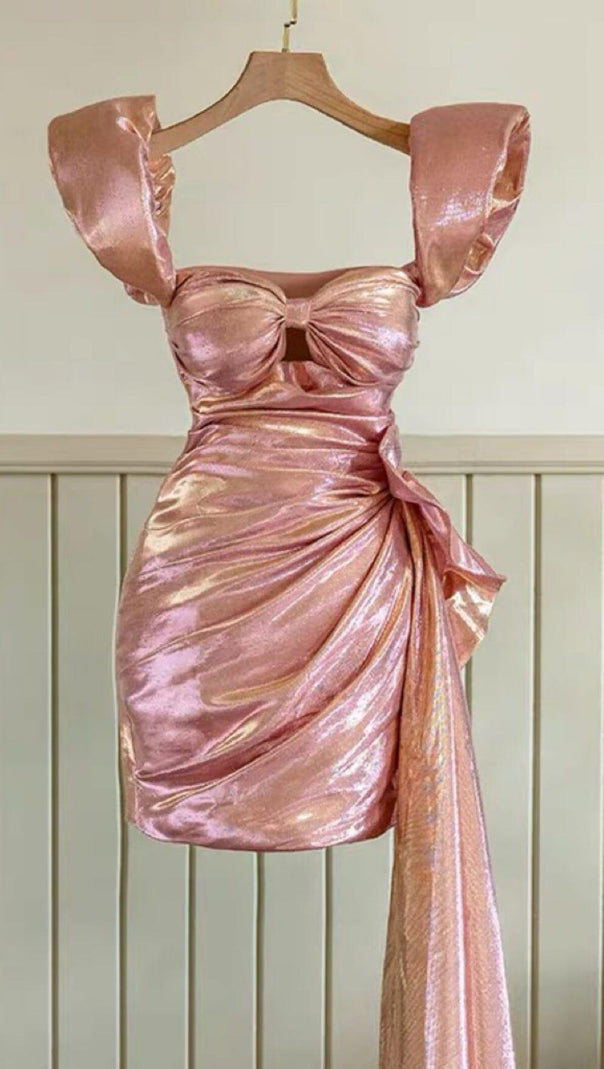 AIIZIE DAZZLING IRREGULAR SEXY PLEATED MINI DRESS IN PINK - product image