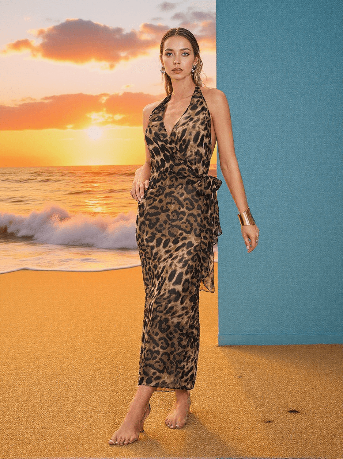 JACOPO BACKLESS LEOPARD PRINTED MIDI DRESS