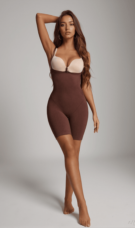 Manu – Kurzer Bodysuit mit offenem Busen in Kaffee
