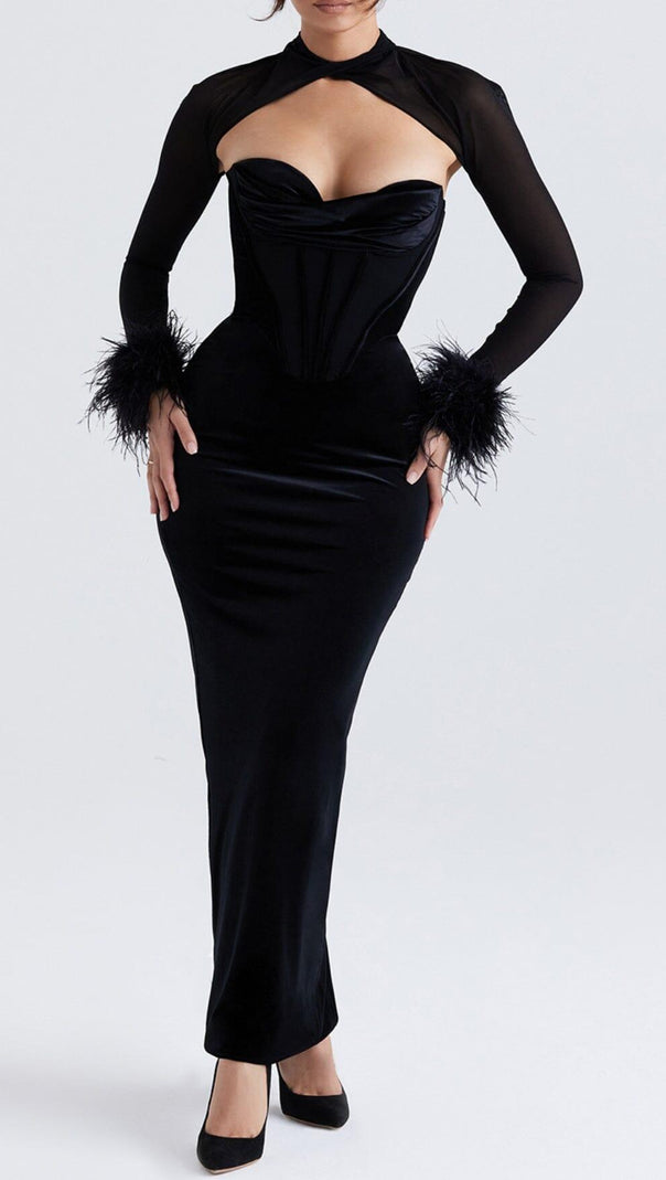 AIIZIE BLACK VELVET CORSET MAXI DRESS - product image