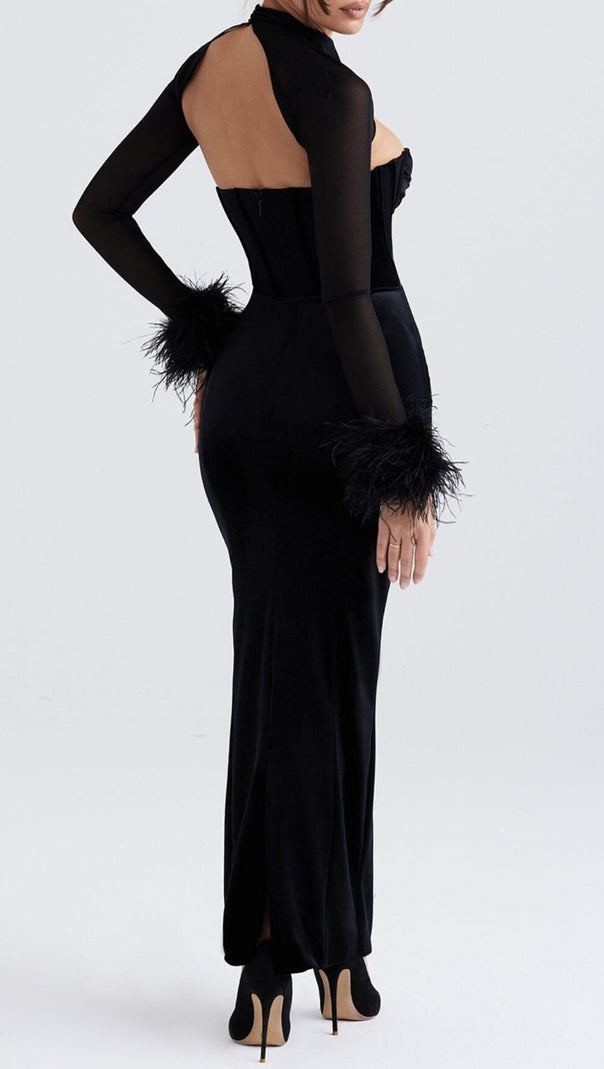AIIZIE BLACK VELVET CORSET MAXI DRESS - product image