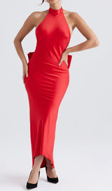 RED SATIN CORSET MAXI DRESS