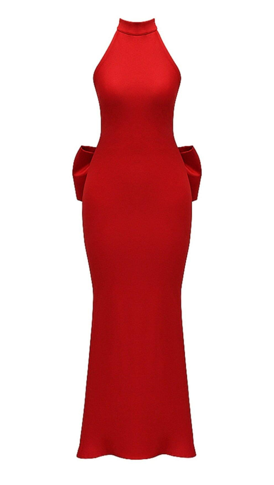 RED SATIN CORSET MAXI DRESS