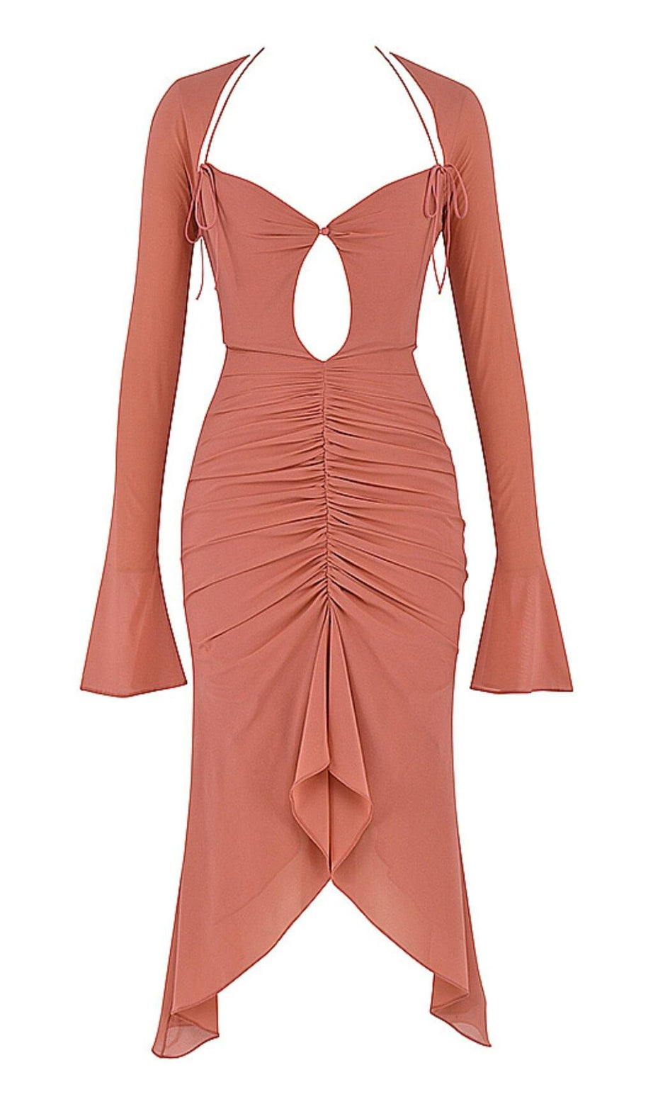 MIDIKLEID AUS ECHTEM SEIDE MIT RÜSCHEN IN PINK