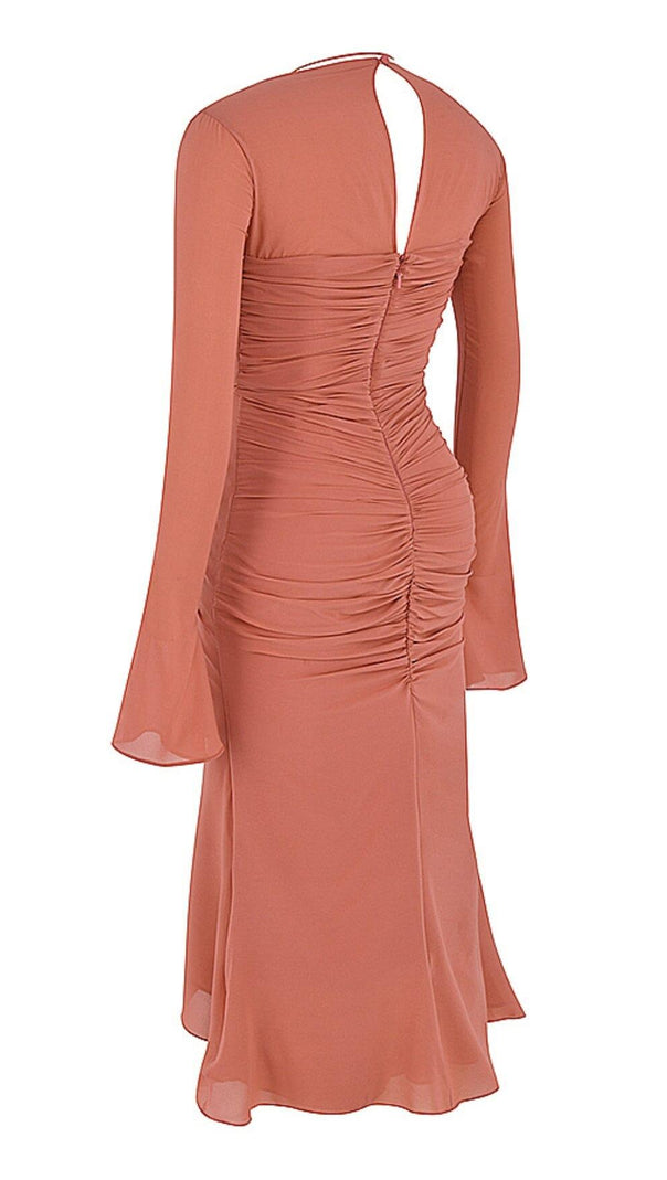 ABITO MIDI IN VERA SETA CON VOLANT ROSA