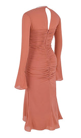 REAL SILK RUFFLE MIDI DRESS IN PINK