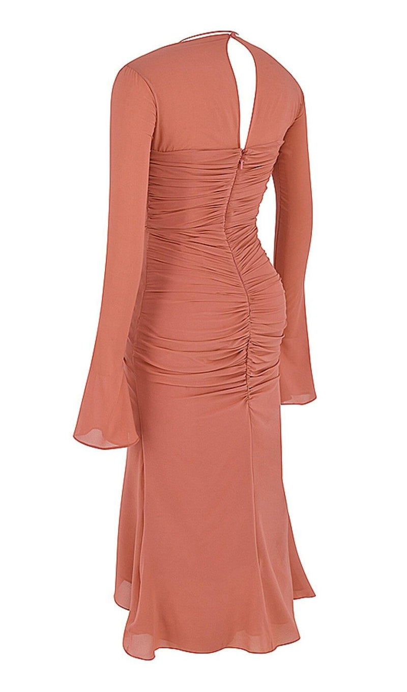 REAL SILK RUFFLE MIDI DRESS IN PINK