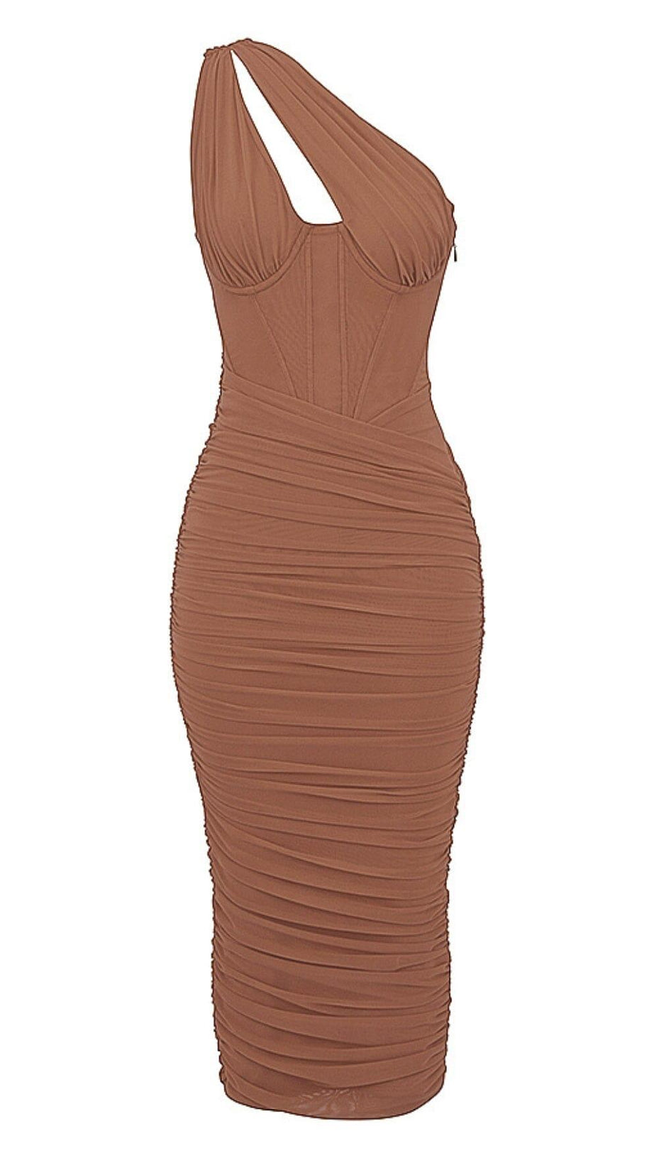 ASYMMETRIC CUTOUT MIDI DRESS IN MOCHA