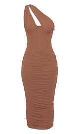 ASYMMETRIC CUTOUT MIDI DRESS IN MOCHA