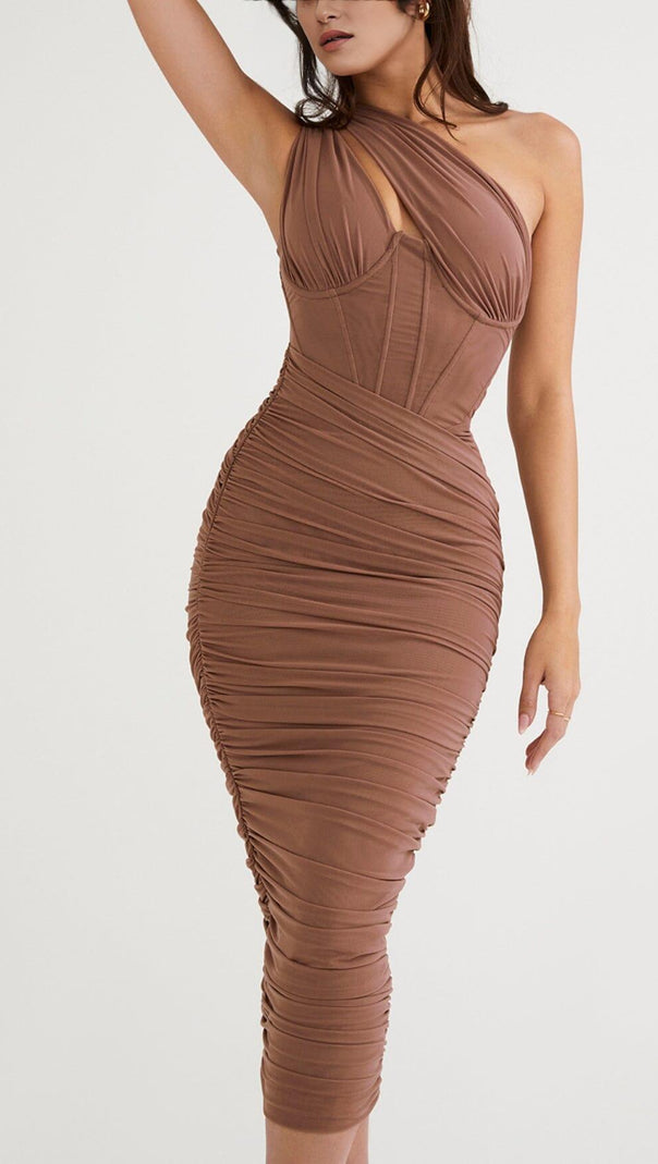 AIIZIE ASYMMETRIC CUTOUT MIDI DRESS IN MOCHA - product image