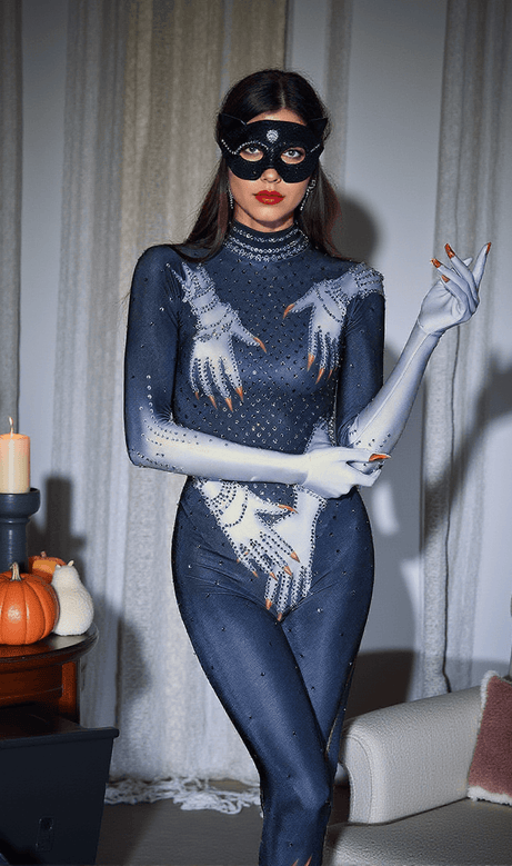 Esau Hands – Schwarzer Jumpsuit mit Strass-Handschuhen und Print