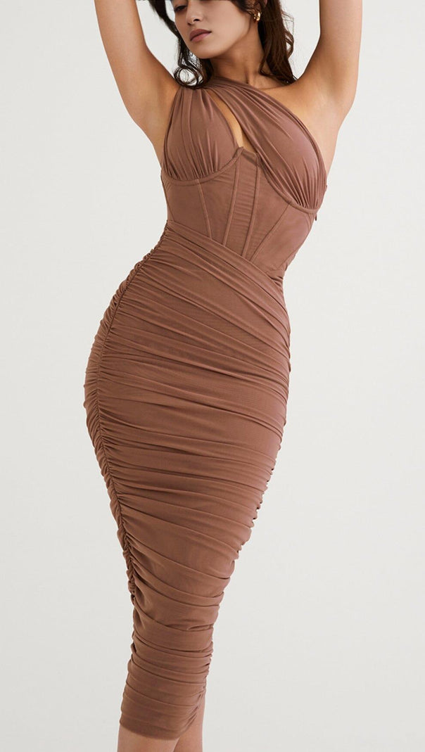 AIIZIE ASYMMETRIC CUTOUT MIDI DRESS IN MOCHA - product image