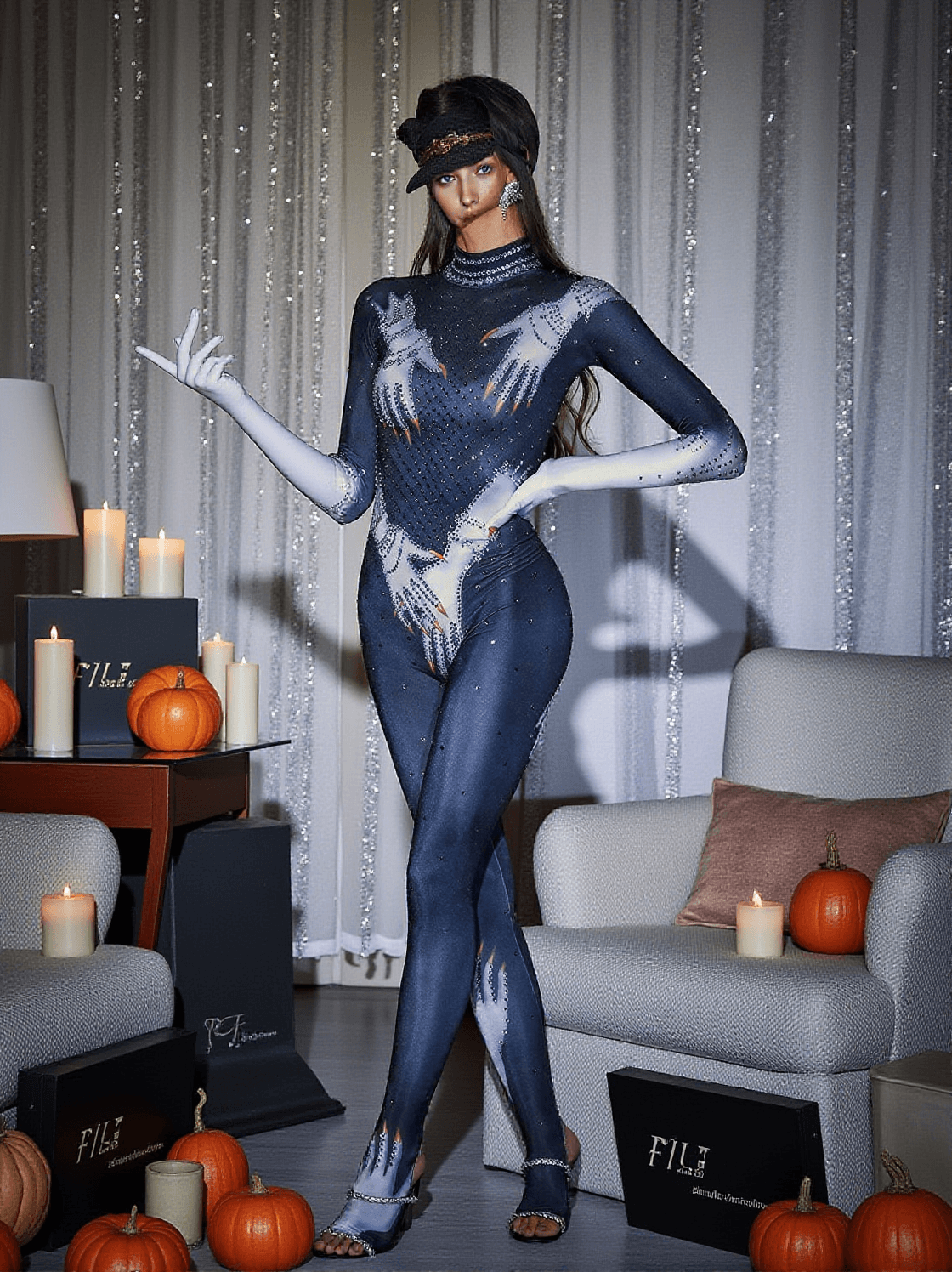 ESAU HANDS PRINTED RHINESTONE GLOVES JUMPSUIT IN BLACK