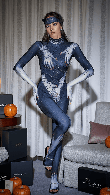 ESAU HANDS PRINTED RHINESTONE GLOVES JUMPSUIT IN BLACK