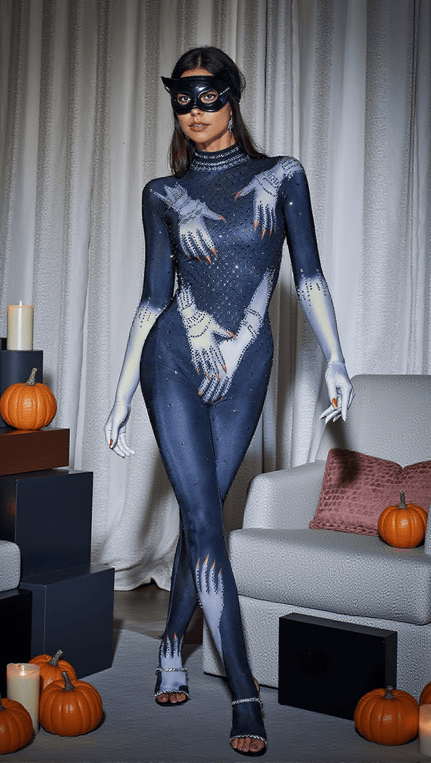 AIIZIE ESAU HANDS PRINTED RHINESTONE GLOVES JUMPSUIT IN BLACK - product image
