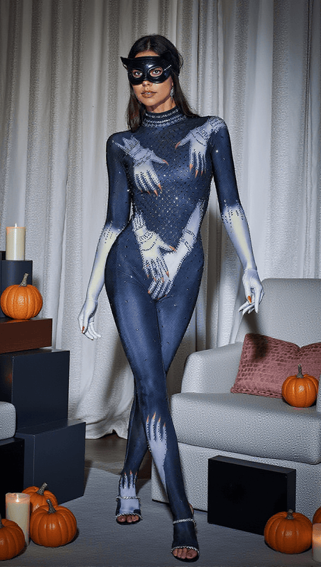 ESAU HANDS PRINTED RHINESTONE GLOVES JUMPSUIT IN BLACK