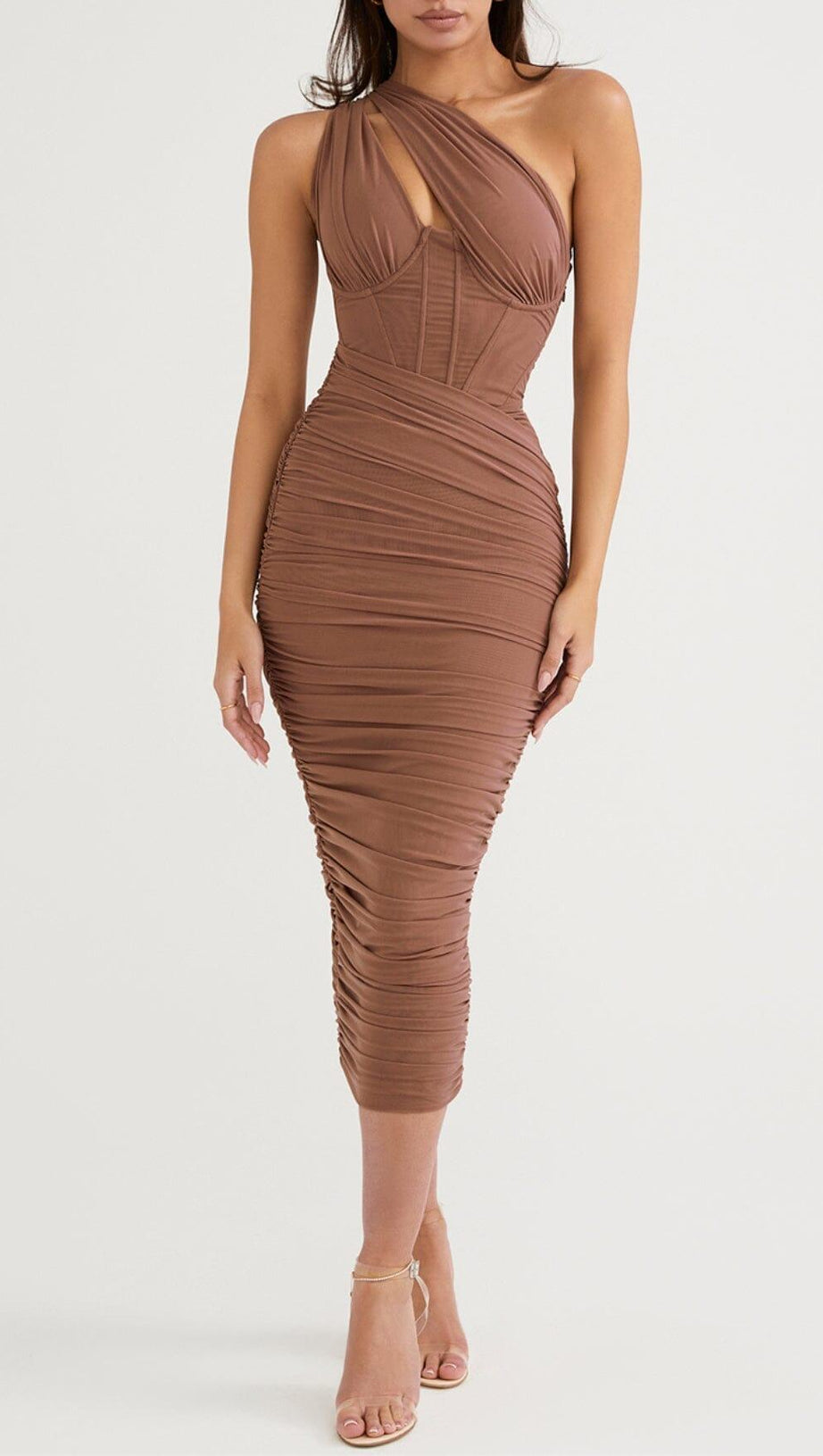 ASYMMETRIC CUTOUT MIDI DRESS IN MOCHA