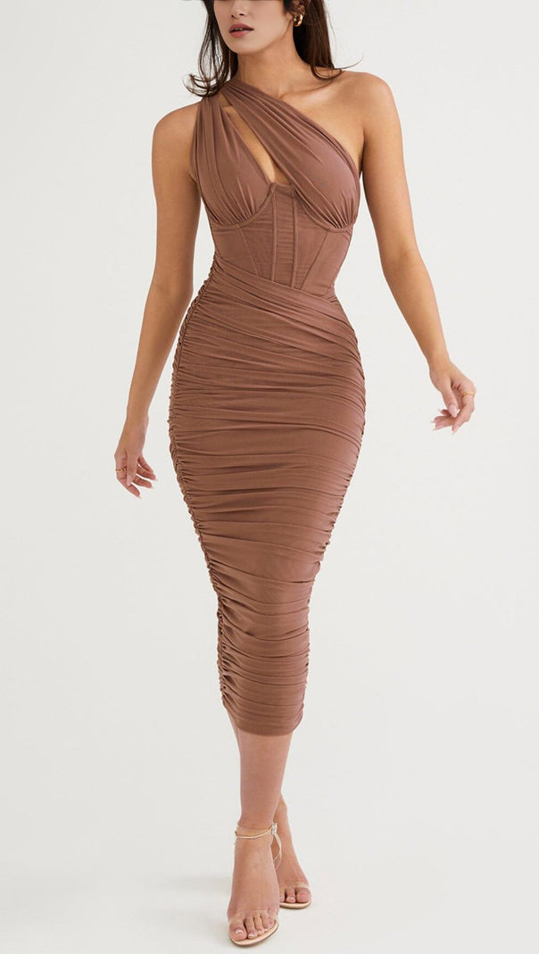 AIIZIE ASYMMETRIC CUTOUT MIDI DRESS IN MOCHA - product image