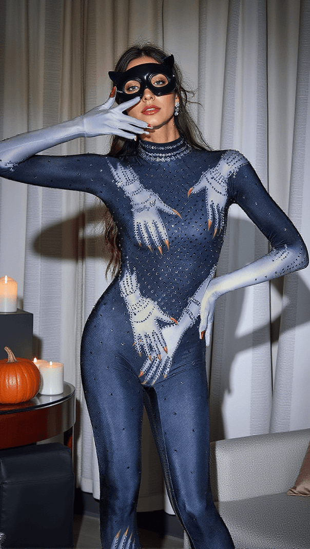 AIIZIE ESAU HANDS PRINTED RHINESTONE GLOVES JUMPSUIT IN BLACK - product image