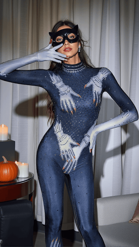 ESAU HANDS PRINTED RHINESTONE GLOVES JUMPSUIT IN BLACK