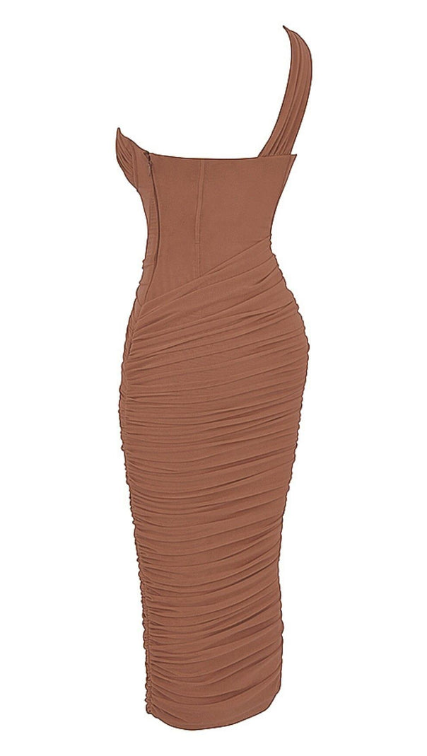 ABITO MIDI ASIMMETRICO CON TAGLIO COLOR MOCHA