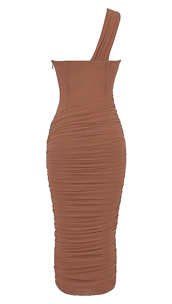 ABITO MIDI ASIMMETRICO CON TAGLIO COLOR MOCHA