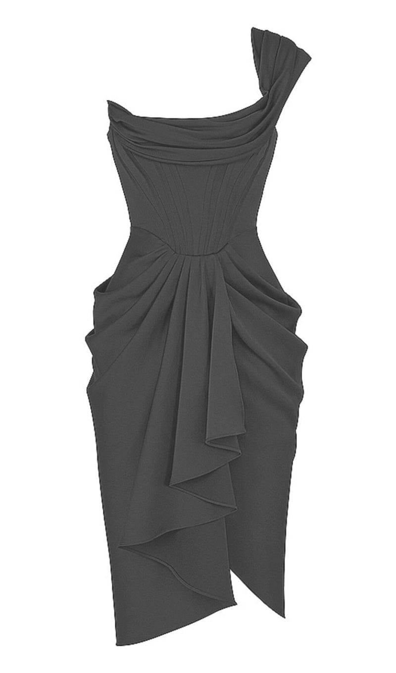 SATIN CORSET MIDI DRESS IN BLACK