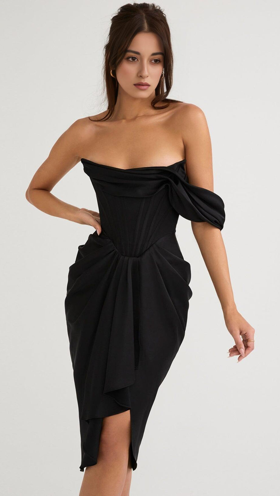 SATIN CORSET MIDI DRESS IN BLACK